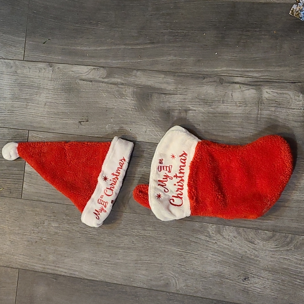 My first Christmas stocking and hat. Red